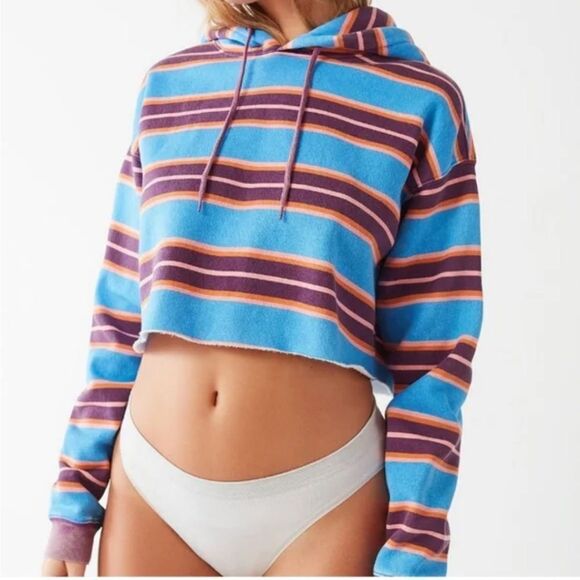 👚 Urban Outfitters Cropped Hooded Sweatshirt Out From Under Striped - Sz Small - Picture 1 of 5